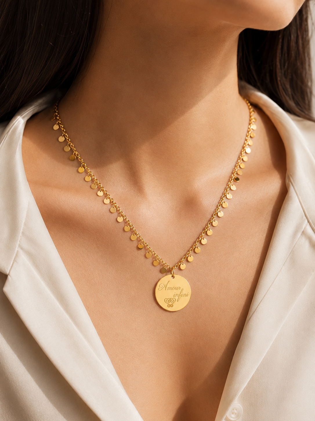     Collier femme personnalisé avec pendentif rond gravé et chaîne à pampilles.