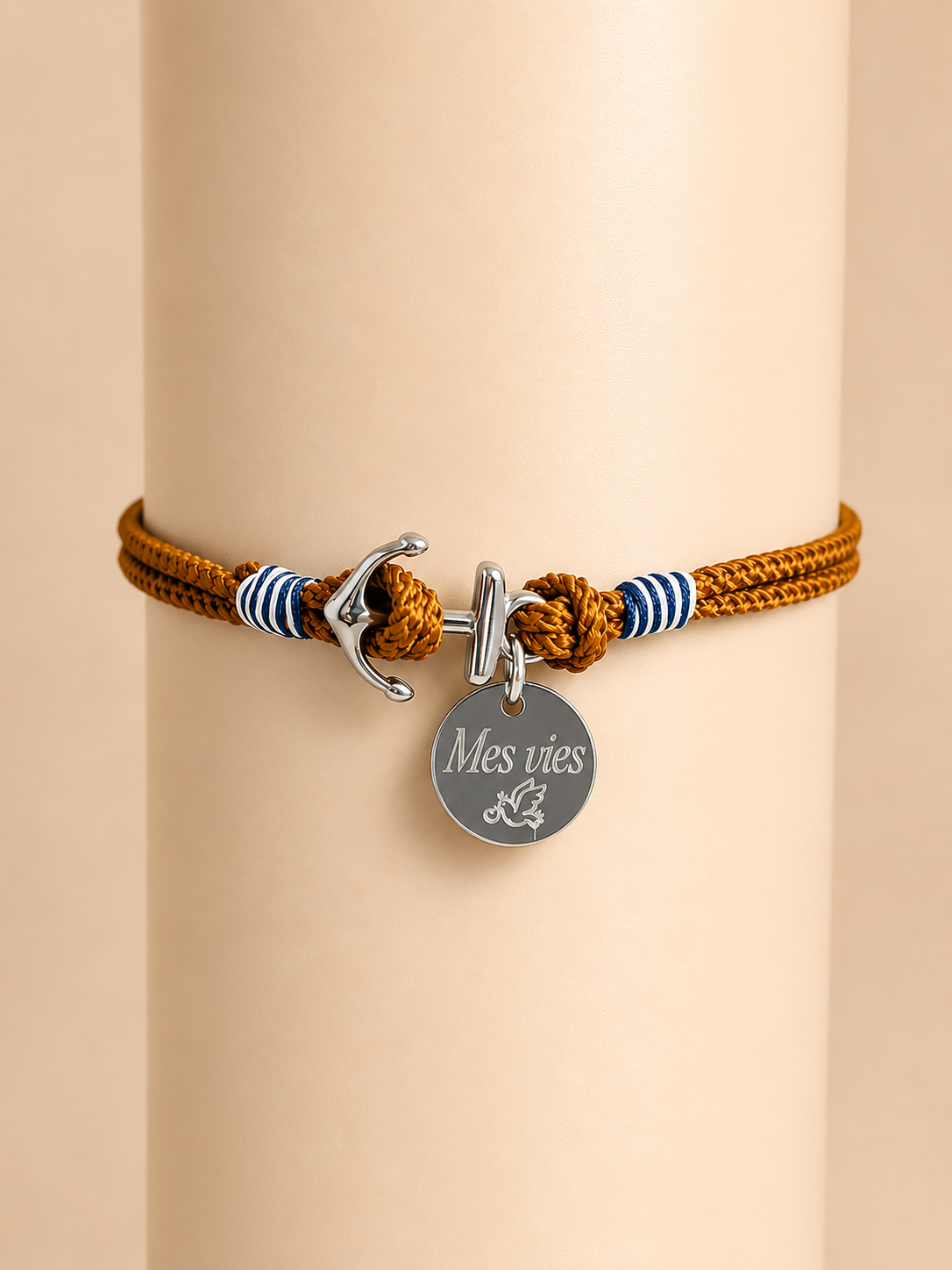 Bracelet personnalisé homme cordon camel argent – Milan