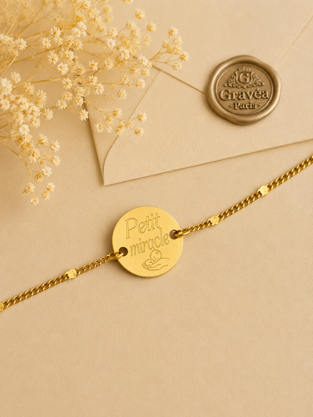 Bracelet chaîne pampille avec médaille ronde à graver.