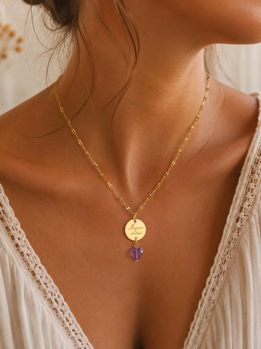 Collier or avec médaille ronde de 15 mm à personnaliser.