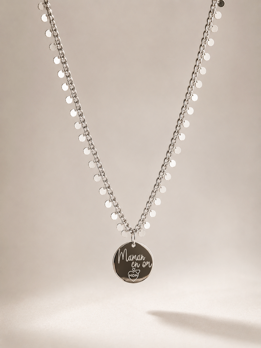     Collier femme personnalisé chaîne pampilles argent avec médaille gravée