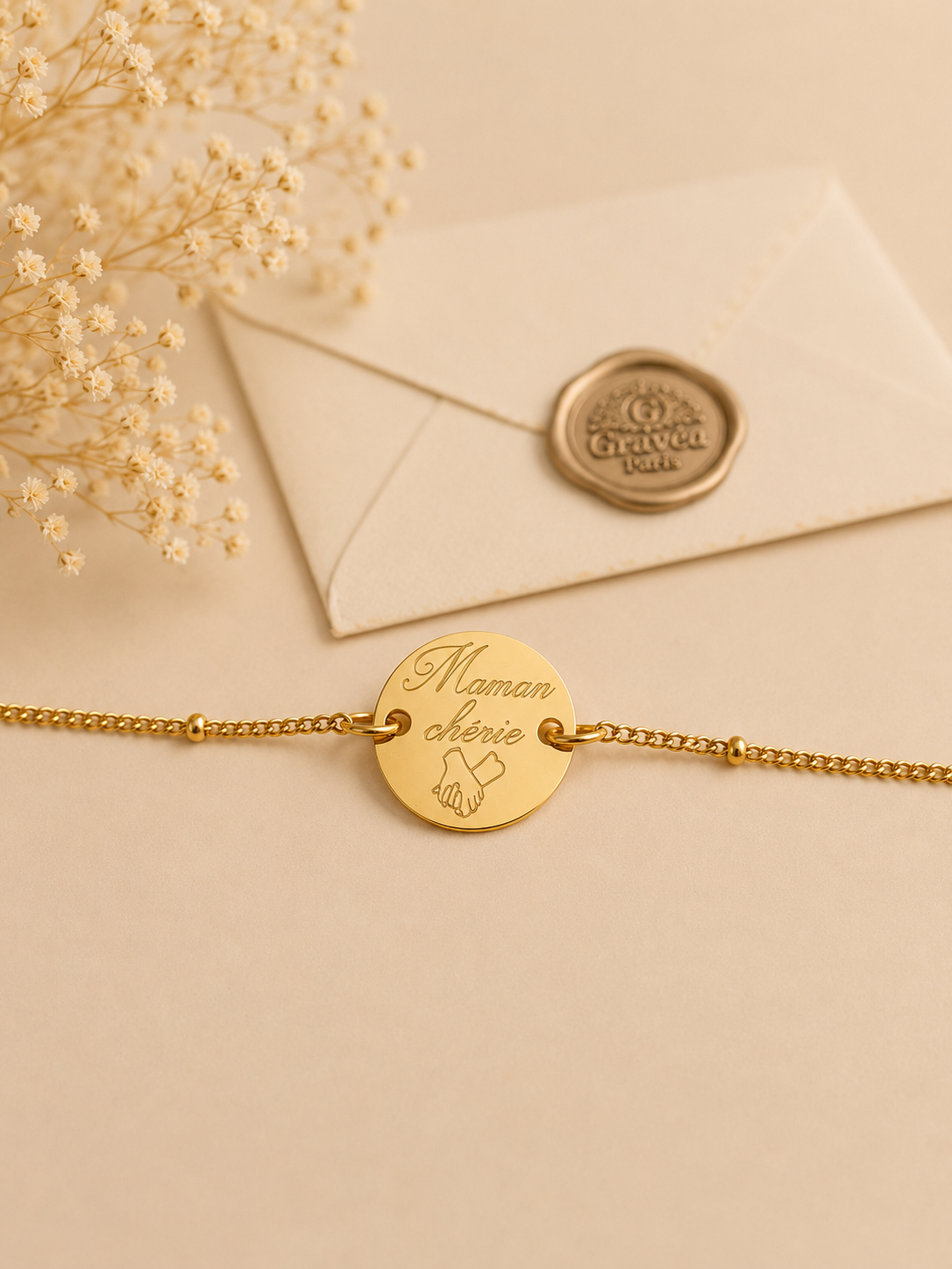     Bracelet personnalisé femme chaîne satellite en acier inoxydable finition or.