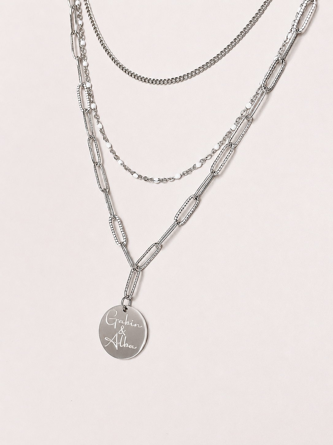 Collier argent personnalisé avec médaille gravée en acier inoxydable