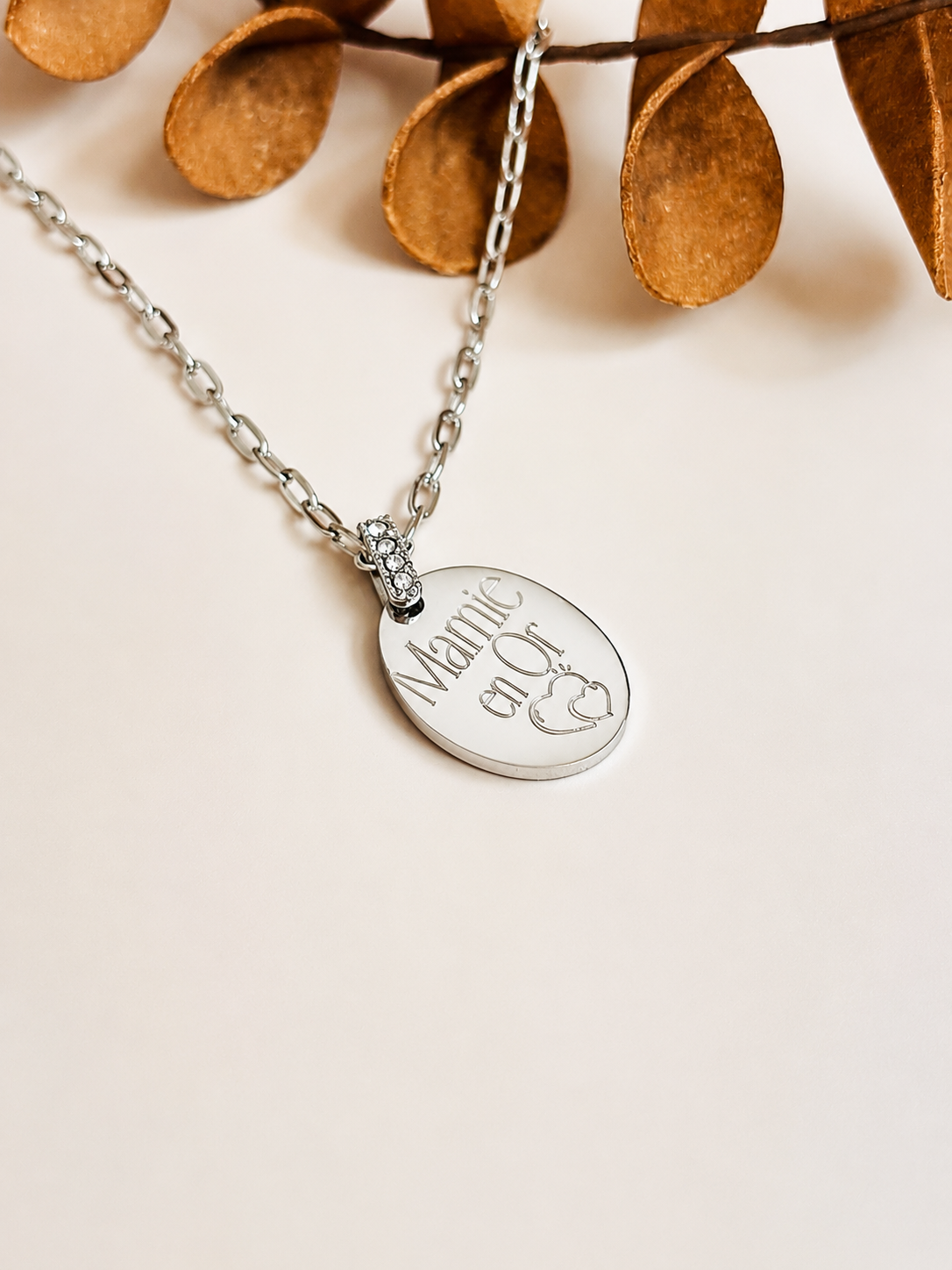     Collier Elsa en acier inoxydable argenté avec médaille ovale personnalisée.