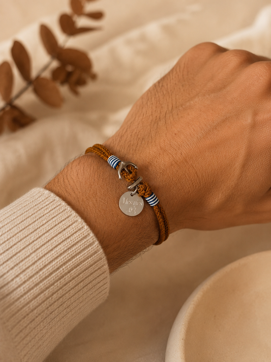 Bracelet personnalisé homme cordon camel argent – Milan